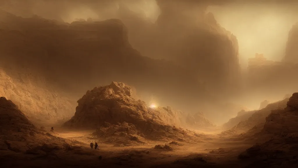 Image similar to canyons of mars during a sandstorm. andreas achenbach, artgerm, mikko lagerstedt, zack snyder 3 8 4 0 x 2 1 6 0