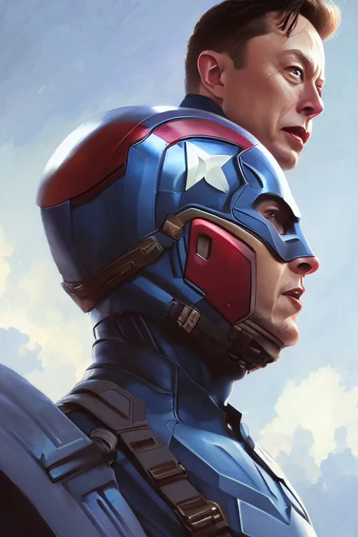 Image similar to elon musk as captain america, portrait, highly detailed, digital painting, artstation, concept art, smooth, sharp focus, illustration, cinematic lighting, art by artgerm and greg rutkowski and alphonse mucha