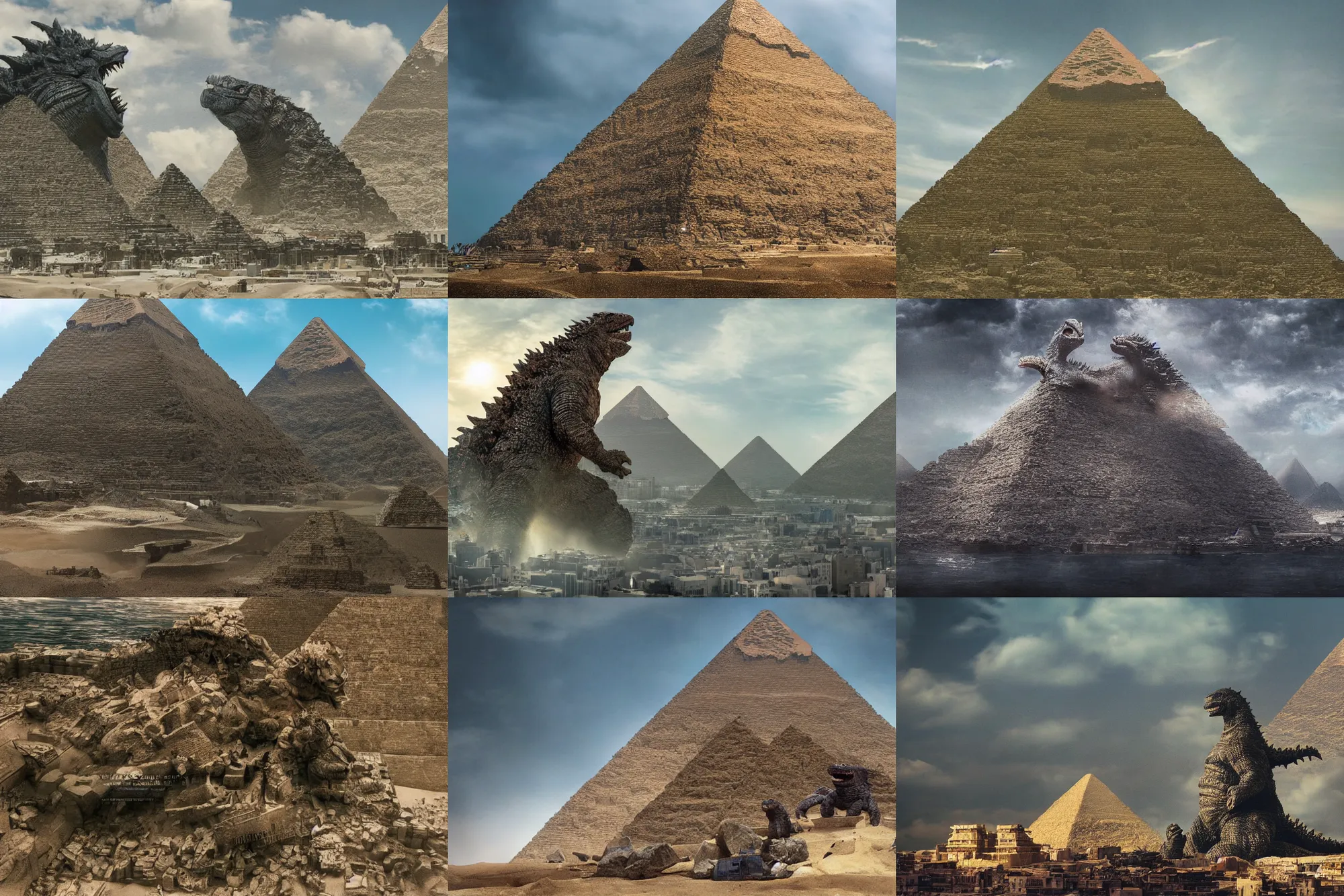 Prompt: wide angle view, godzilla breaks pyramid giza, photorealistic, insanely detailed, daylight, tele photo lens, 8 k