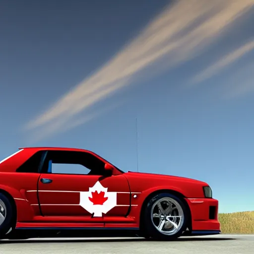 Image similar to skyline r34 with Canadian flag paintwork, 4k, unreal engine, octane render