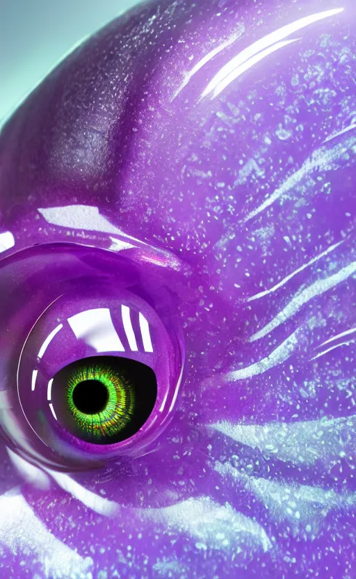 Image similar to macro shot, close-up of a purple squid eye, intricate iris, ultrarealistic, highly detailed, octane render, ray tracing