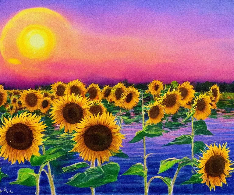 Prompt: sunflowers in the water, william henrits, hovik zohraybyan, water painting, bright colors, pink skies, sunrise, peaceful, serene, joy