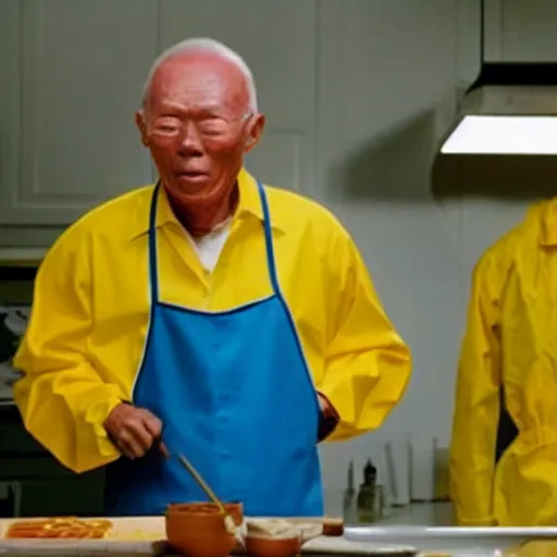 Prompt: A still of Lee Kuan Yew as Walter White cooking meth wearing a yellow lab coat in in Breaking Bad (2008)
