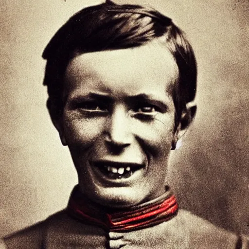 Image similar to civil war portrait of soldier sepia tattered image, with glowing red eyes and evil smile, real 1 8 6 0 photo,