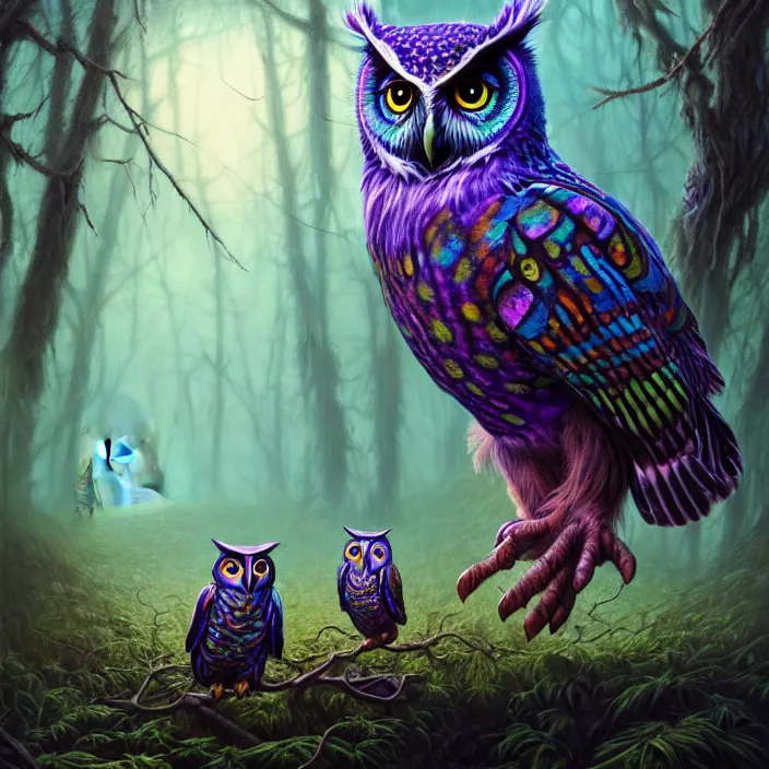 Image similar to psychedelic owl in haunted swamp, highly detailed, d & d, fantasy, highly detailed, digital painting, trending on artstation, concept art, sharp focus, illustration, oil on canvas, global illumination, ray tracing, realistic shaded, art by artgerm and greg rutkowski and fuji choko and viktoria gavrilenko and hoang lap