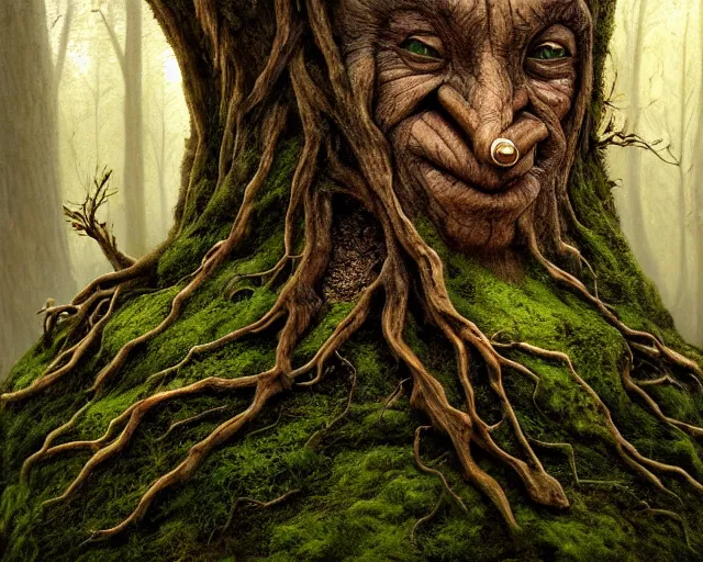 Image similar to a talking oak tree, a face in the bark, nose made of wood, eyes in the bark, mouth in the bark, fantasy concept art, leaves and moss, digital painting, oil painting, hyperrealistic, treebeard, ent, highly detailed, golden sunlight, very detailed eyes, artstation, cgsociety, in the forest, by alan lee, by artgerm