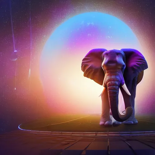 Image similar to a hyperrealistic 3D octane render of an elephant wearing virtual reality goggles playing a synthesizer inside of a geodesic dome planetarium with planets and galaxies, trending on artstation, 8k, 4K, dramatic lighting, glowing, volumetric lighting, ray tracing, unreal engine