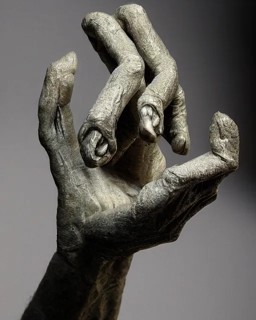 Image similar to photo of maquette sculpture of a creepy hand with a face creature, designed by jordu schell