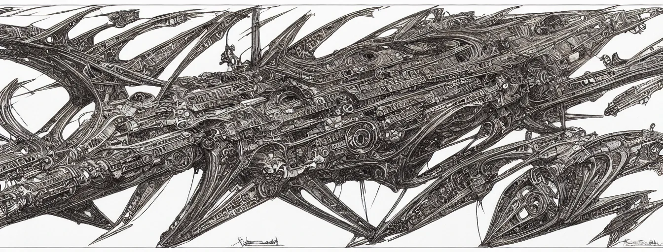 Image similar to highly detailed concept art sheet drawing, side view, sf interstellar travel drive designs, intricate and stylized spaceship designs by zdizslaw beksinski, h. r giger, alphonse mucha