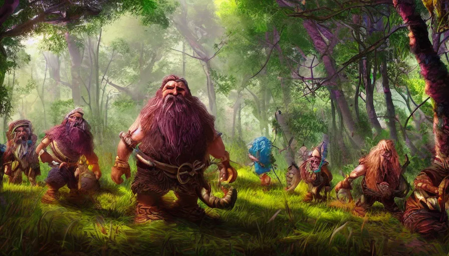 Image similar to Dwarves with baskets walking in a huge colorful forest, hyperdetailed, artstation, cgsociety, 8k