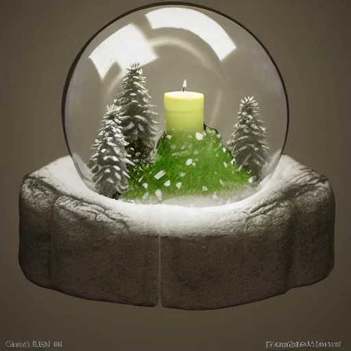 Prompt: Snow globe, candles, Gustav Klutsis, octane render, Fallout, Pietro Fragiacomo, Legend of Zelda, mist, snow, pine tree, Aloe vera, swamp, dollar bill, shed