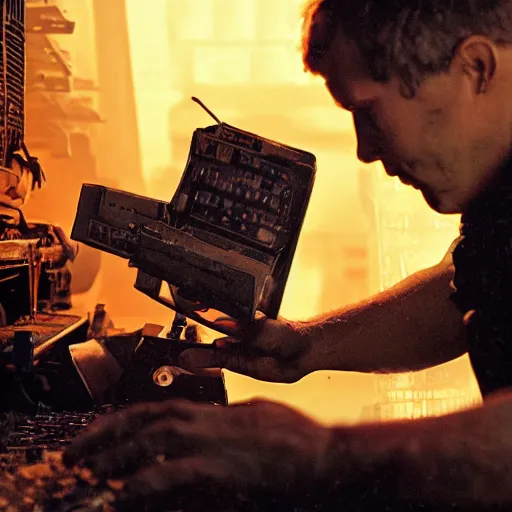 Image similar to augmented human repairing commodore 6 4, dark messy smoke - filled cluttered workshop, dark, dramatic lighting, orange tint, cinematic, highly detailed, sci - fi, futuristic, movie still from blade runner