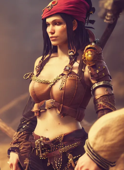 Image similar to detailed full body concept art of a beautiful female pirate, cinematic lighting, hyperdetailed, 8k, high resolution, insanely detailed and intricate, octane render