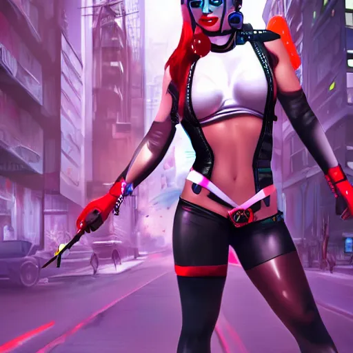 Prompt: Madison ivy as Harley Quinn in a cyberpunk street, concept art, digital art, well detailed, trending on artstation, with neon colors, 8k