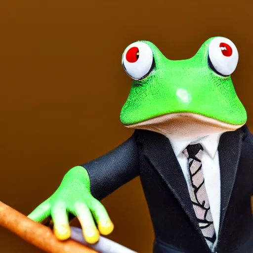 Image similar to a high detail closeup shot of a frog wearing a suit 👔,and smoking a cigarrette🚬