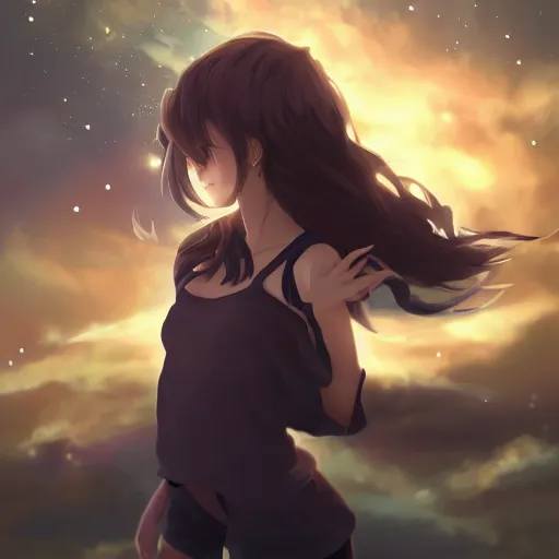 Image similar to anime, full body, bunny girl, a cute female reach out to camera, shooting star in background, long wavy hair, light and shadow effects, highly detailed, digital painting, art station, sharp focus, high quality, frontal view, illustration, concept art, wlop