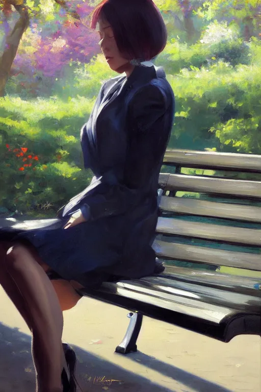 Image similar to A ultradetailed beautiful panting of a stylish woman siting on a park bench, Oil painting, by Ilya Kuvshinov, Greg Rutkowski and Makoto Shinkai