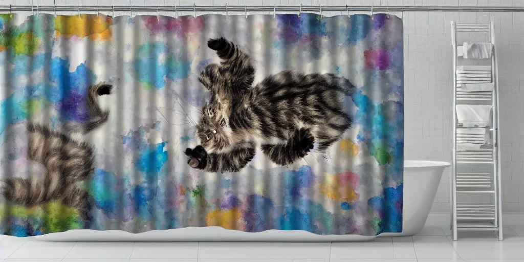 Image similar to shower curtain product catalog. wide - angle photo. on the curtain is a watercolor with ink under drawing of a low - angle hero - shot a cat toy being chased by a maine coon kitten. highly coherent, product photography of a shower curtain, product lighting. 4 k, highly detailed. saturated.