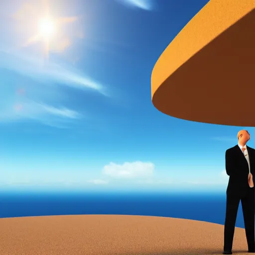 Image similar to sad businessman on empty island, beautiful sky, rendered in bryce3d, bryce, 3d