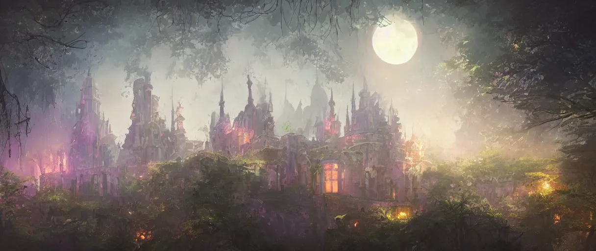 Prompt: huge academic castle city in the forest behind a garden, concept art, digital painting, style of jordan grimmer, warm lighting, futuristic, volumetric lighting, view from below, vivid colours, bright, nighttime, moon rays , high detail