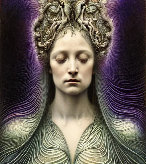 Image similar to detailed realistic beautiful iridescent goddess face portrait by jean delville, gustave dore, iris van herpen and marco mazzoni, art forms of nature by ernst haeckel, art nouveau, symbolist, visionary, gothic, neo - gothic, pre - raphaelite, fractal lace, intricate alien botanicals, biodiversity, surreality, hyperdetailed ultrasharp octane render