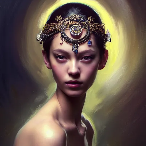 Prompt: expressive oil painting, of alluring european princess, smooth glowing skin, oiled body, pretty eyes, love, adoration, ornate headpiece of black beads, tattoo, glamour shot, by yoshitaka amano, by greg rutkowski, by jeremyg lipkinng, by artgerm, digital art, octane render