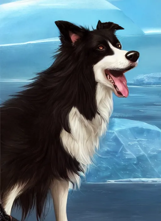 Prompt: beautiful portrait of a cute anthro male anthropomorphic border collie fursona wearing a swimsuit in antarctica. character design by charlie bowater, henry asencio, and ross tran. scenic background, detailed, glamor pose, aesthetic, furry, trending on artstation, top rated on furaffinity and deviantart