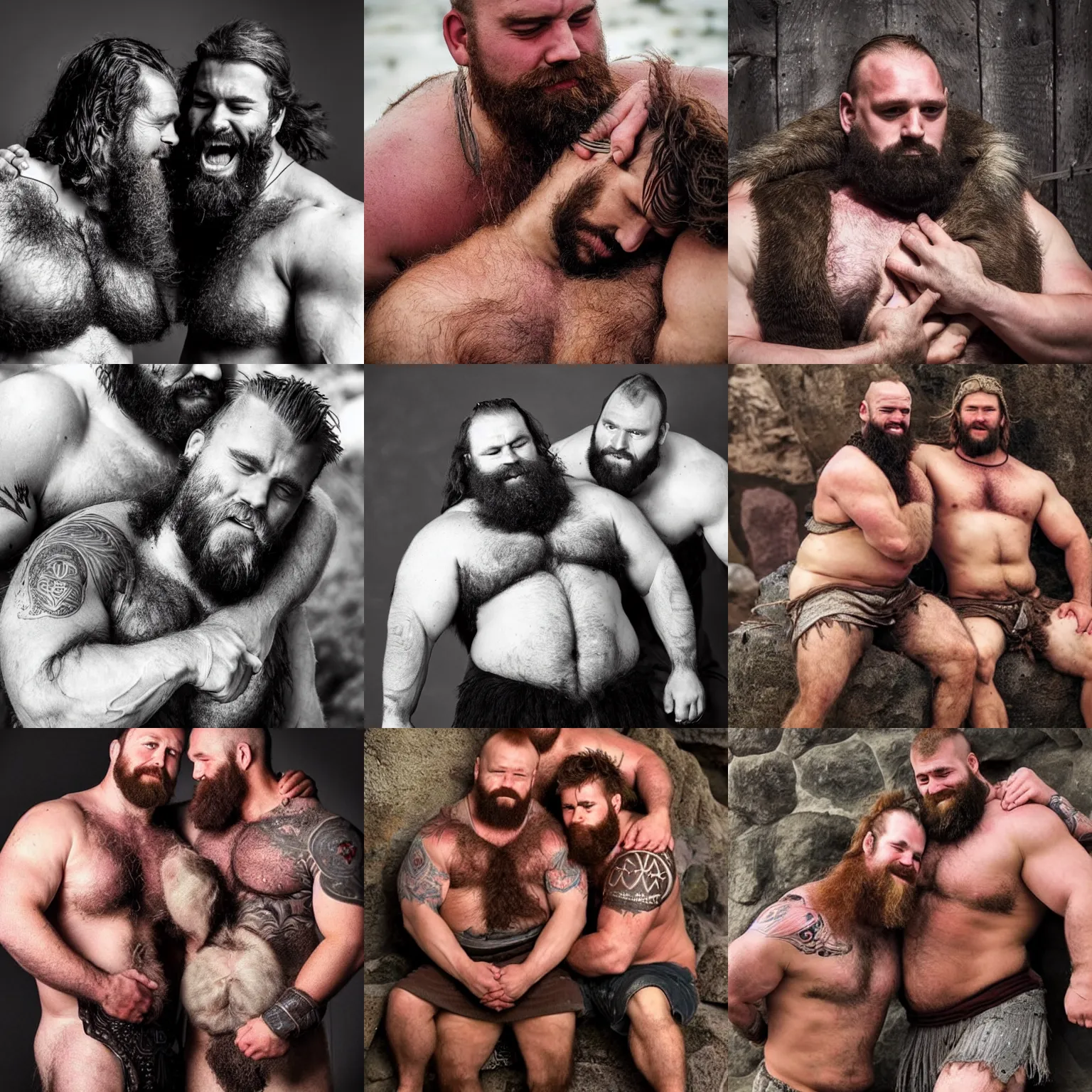 Prompt: viking burly hairy young adult strongmen giving each other affection, hairy, resting on chest, warmth, cozy, wholesome, comforting, love, highly detailed, epic, vikings, rustic, manliness, photography, soothing