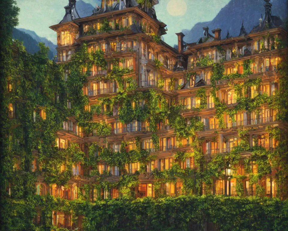 Prompt: an achingly beautiful print of a vibrant alpine four seasons hotel, lit by glowing wrought-iron lanterns and overgrown with ivy, in Interlaken by Raphael, Hopper, and Rene Magritte. detailed, romantic, enchanting, trending on artstation.