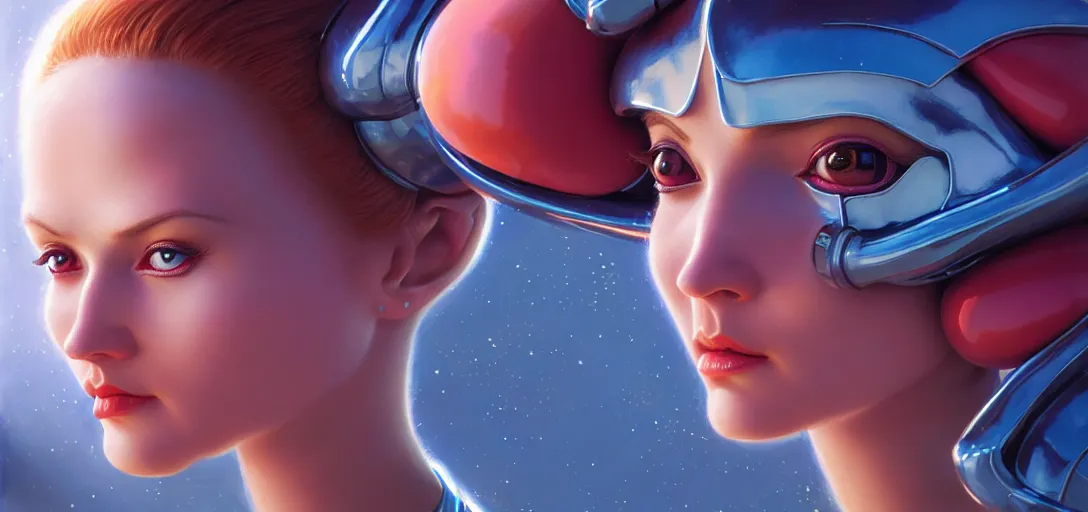 Image similar to face of a cute alien girl wearing shiny plastic armor in the style of roger dean and alberto vargas and stefan kostic, realistic, photoreal, sharp focus, 8 k high definition, insanely detailed, intricate, elegant, art by greg rutkowski and artgerm, extreme blur coral reef background