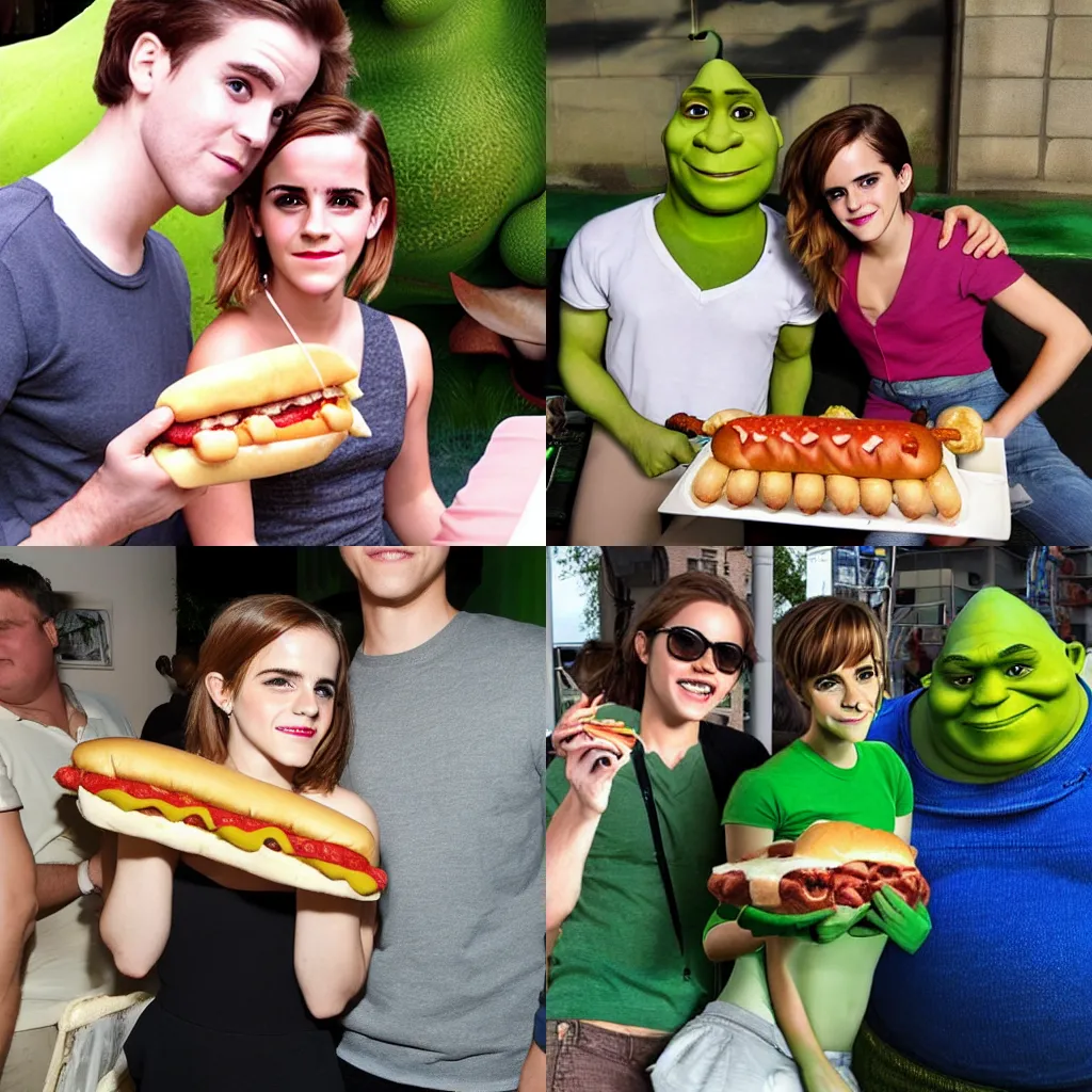 Prompt: Emma Watson sharing a hotdog with Shrek