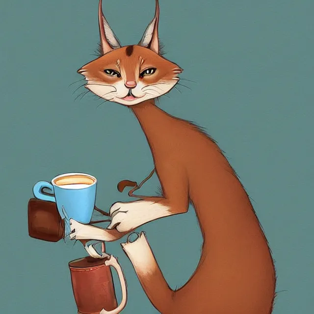 Image similar to cute caracal drinking coffee, by cory loftis, character art, art, very coherent, plain background, lighthearted, soft painting