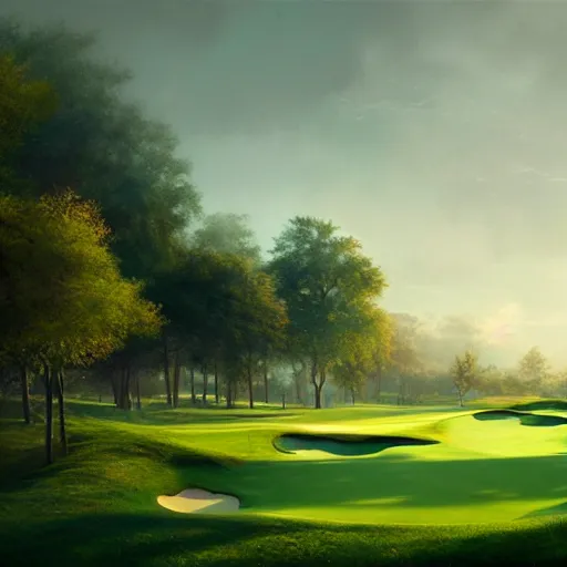 Image similar to Concept art, beautiful painting of a golf course in the midst of metropolis city, green spaces, 8k, Jeremy Cheung, greg rutkowski, artstation