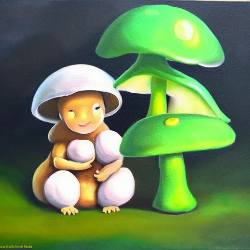 Image similar to a professional oil painting of a cute creature sitting next to a mushroom, detailed, realistic