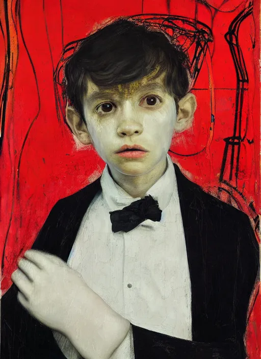 Image similar to portrait of a child piano player in tuxedo painted by vincent lefevre and hernan bas and pablo amaringo and pat steir and hilma af klint, psychological, photorealistic, dripping paint, washy brush, rendered in octane, altermodern, masterpiece