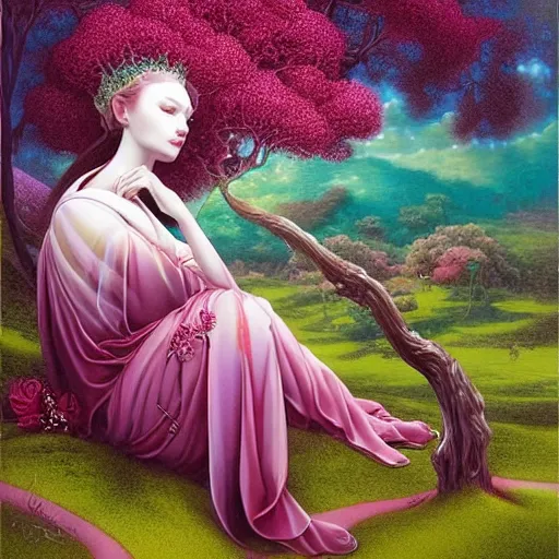 Prompt: fanciful surreal image of a divine princess sitting under a cherry tree by Anna Dittman, Amano, Okata Kazuto, Greg Hildebrandt, and Mark Brooks, Neo-Gothic, rich deep colors. art by Hamada Yoshikazu . masterpiece. Beksinski painting 3/4 view