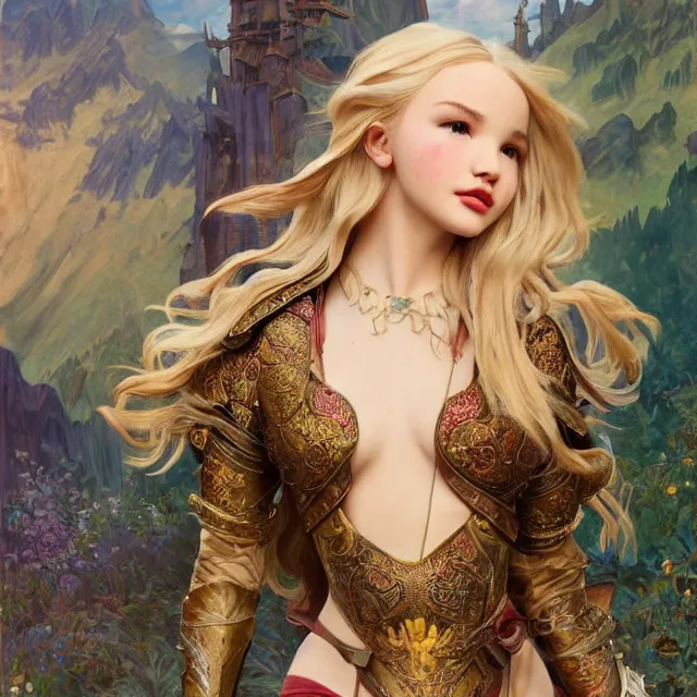 Prompt: dove cameron with long blonde hair wearing kleather armor, walking in the mountains on a sunny day, daggers ready, rtx rendering, octane render 1 2 8 k, maya, extreme high intricate details by wlop, medium shot, composition by by frank frazetta and alphonse mucha, oil on canvas, bright colors, art nouveau