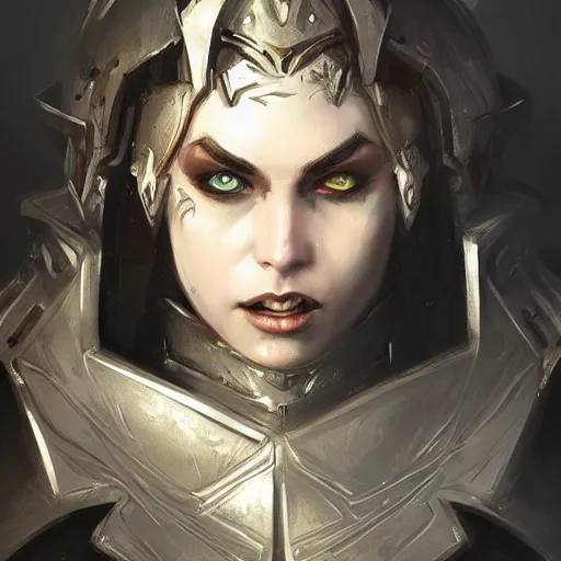 Image similar to trending on artstation, dhamphir, vampire, character design, concept art, style of greg rutkowski, face, plate armor, fantasy, highly detailed, digital art, female