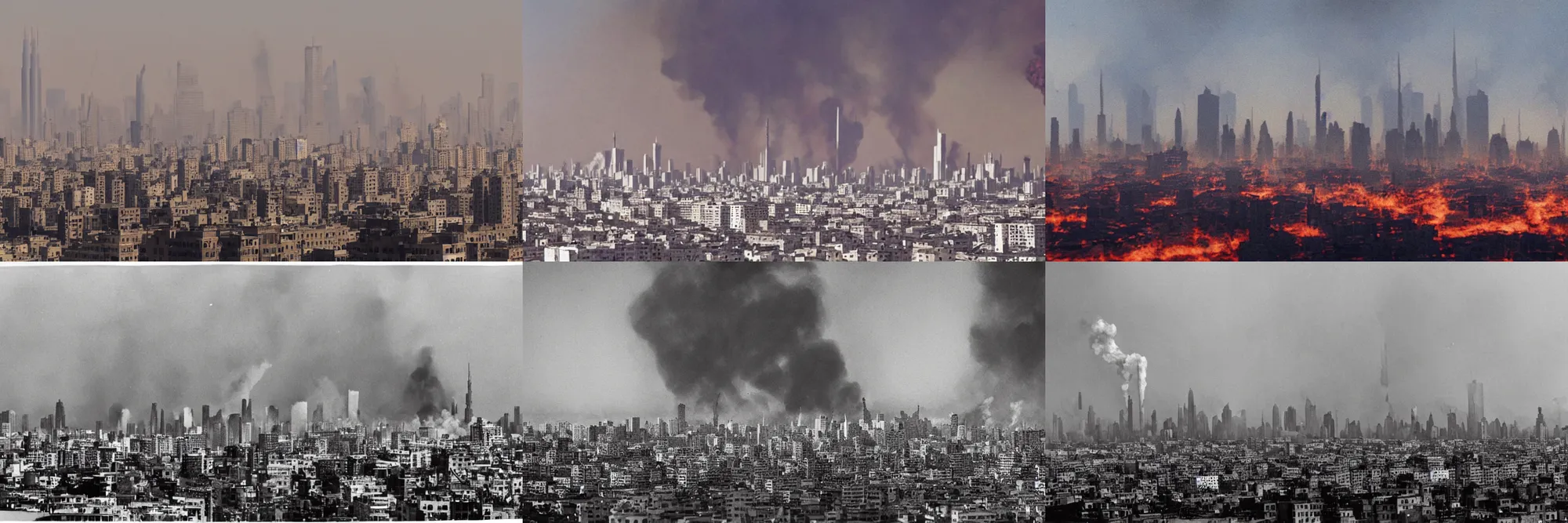 Prompt: large city with skyscrapers after being bombed heavily, smoke, bleak, fire in far distance, realistic photograph