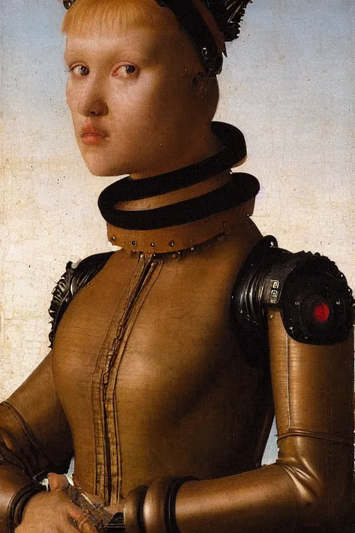 Image similar to a close - up portrait of a cyberpunk cyborg girl, by jan van eyck, rule of thirds