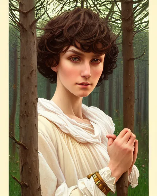 Prompt: symmetry portrait of welsh brunette princess in mans tunic, tomboy, short hair, forest background, intricate, elegant, highly detailed, digital painting, artstation, concept art, smooth, sharp focus, illustration, art by artgerm and greg rutkowski and fra angelico and alphons mucha