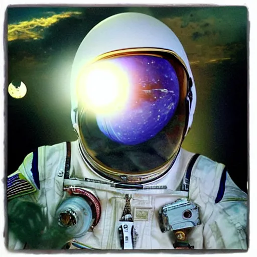 Image similar to “nigerian female astronaut on board international space station wearing space suit and translucent helmet, highly detailed, realistic, portrait, photorealistic, proportional, beauty, fish eye lens, nasa, spacex, in the style of Edward hooper oil painting sun rising”