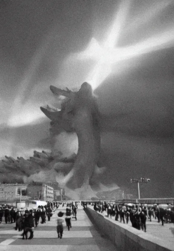 Image similar to Pulgasari the North Korean starfish monster destroying Pyongyang city, volumetric lighting, filmstill, produced by Kim Jong-il, Kodachrome, kaiju-eiga, monster movie, communist propaganda, film noir, 35mm film grain, Cooke Varotal 20-100mm T3.1, in the style of Ishirō Honda and Orson Welles