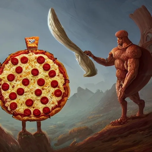 Image similar to ultra realistic illustration of giant made of pizza, pizza body, intricate, fantasy italy, epic landscape, highly detailed, digital painting, artstation, concept art, smooth, sharp focus, illustration, art by tim mcburnie and conar cross and anato finnstark