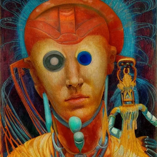 Image similar to portrait of a robot shaman, by annie swynnerton and edward hopper and jean delville and rufino tamayo and evelyn de morgan, art deco shaman, stylized geometric flowers, art brut, outsider art, symbolist, dramatic lighting, god rays, clean crisp graphics, smooth sharp focus, extremely detailed, adolf wolfli