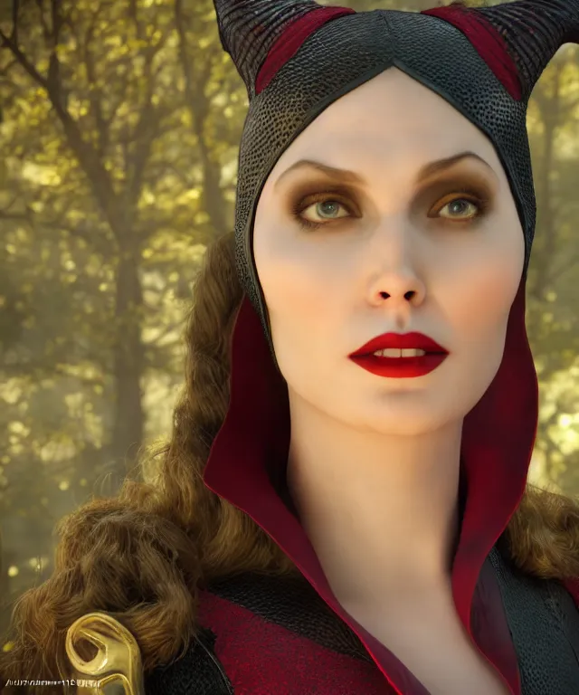 Image similar to scarlet witch as maleficent, nostalgia, very detailed texture, realistic shaded lighting, studio quality, digital art, dynamic background, unreal engine 5 rendered, octane rendered, pinnacle studio, naturel, trending on artstation, art style by nixeu and ian sprigger