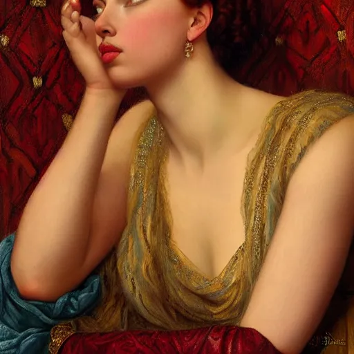 Prompt: beautiful_golden_portrait_of_a_Scarlet Johansson_Grand Odalisque_intricate_oil_paintingby Jo hn_William_Godward_by_Anna_Dittman_by J-H 768-C2.0