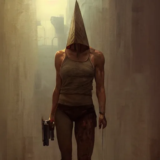 Image similar to silent hill pyramid head as a grand theft auto 5 loading screen, athletic , gorgeous, muscular, intricate, highly detailed, digital painting, artstation, concept art, sharp focus, illustration, art by greg rutkowski and alphonse mucha