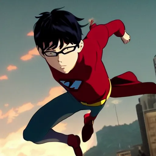 Image similar to Jon Kent superboy standing triumphantly. Anime still. Makoto shinkai. Kuvshinov ilya.