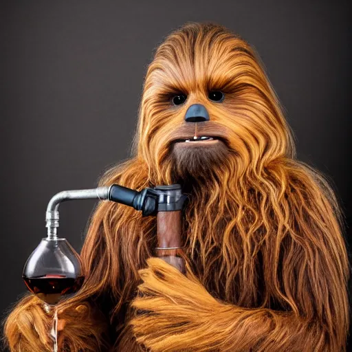 Prompt: high quality studio portrait of chewbacca with a pipe, glass of brandy, and goatee